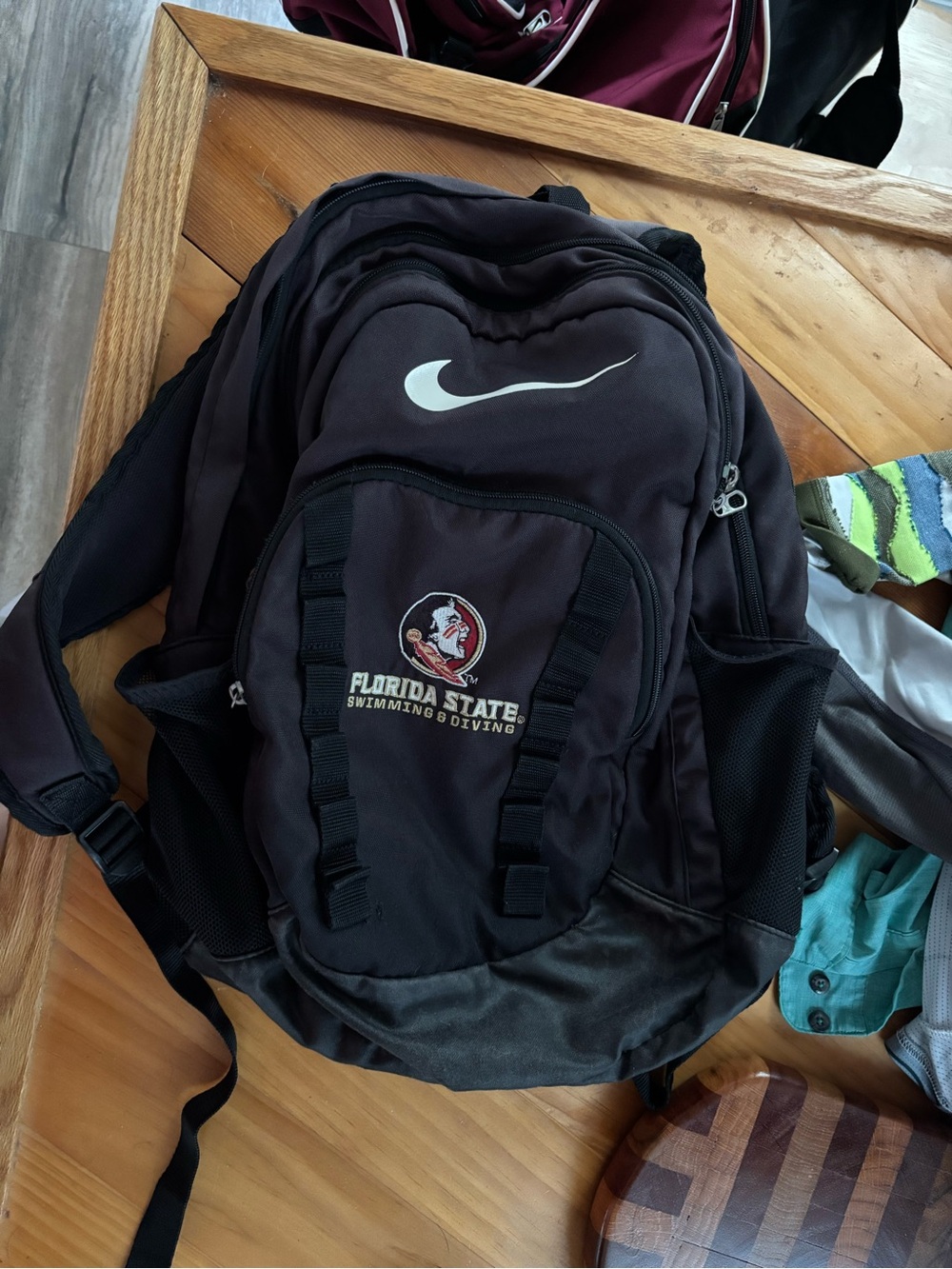Nike Black Backpack with White Swoosh and Florida State Logo